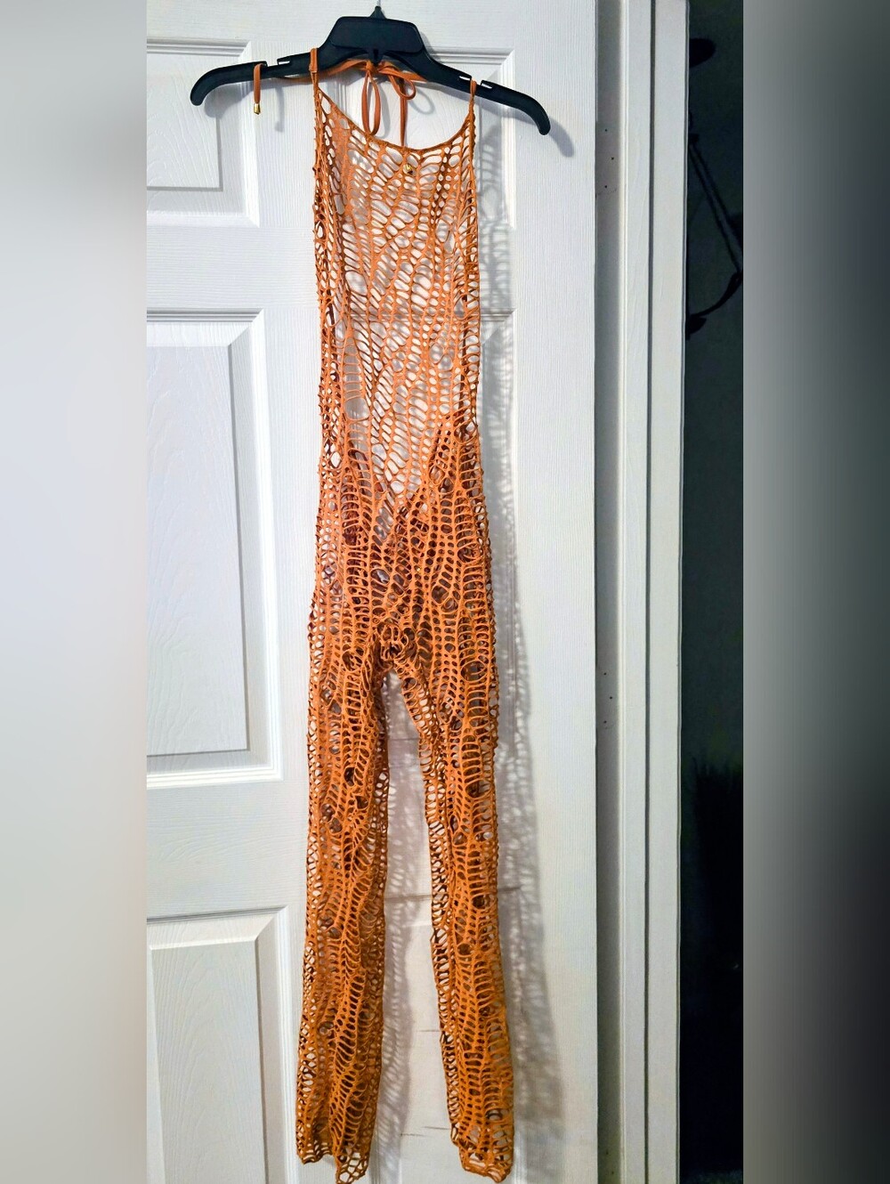 Matte Collection Open Knit Rust Orange Crochet Jumpsuit Swim Coverup
